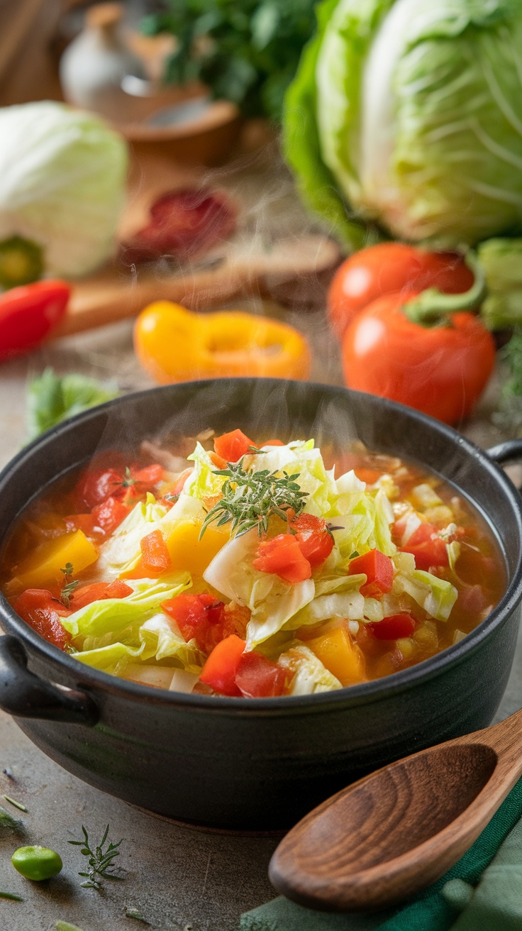 A bowl of healthy cabbage soup with chopped vegetables, garnished with herbs, on a kitchen counter.